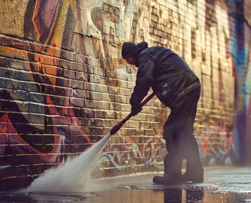 mężczyzna czyści ścianę z graffiti